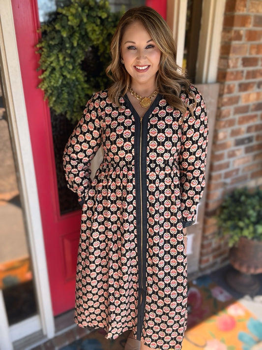 Black Floral Zip Front Midi Dress | Jodifl