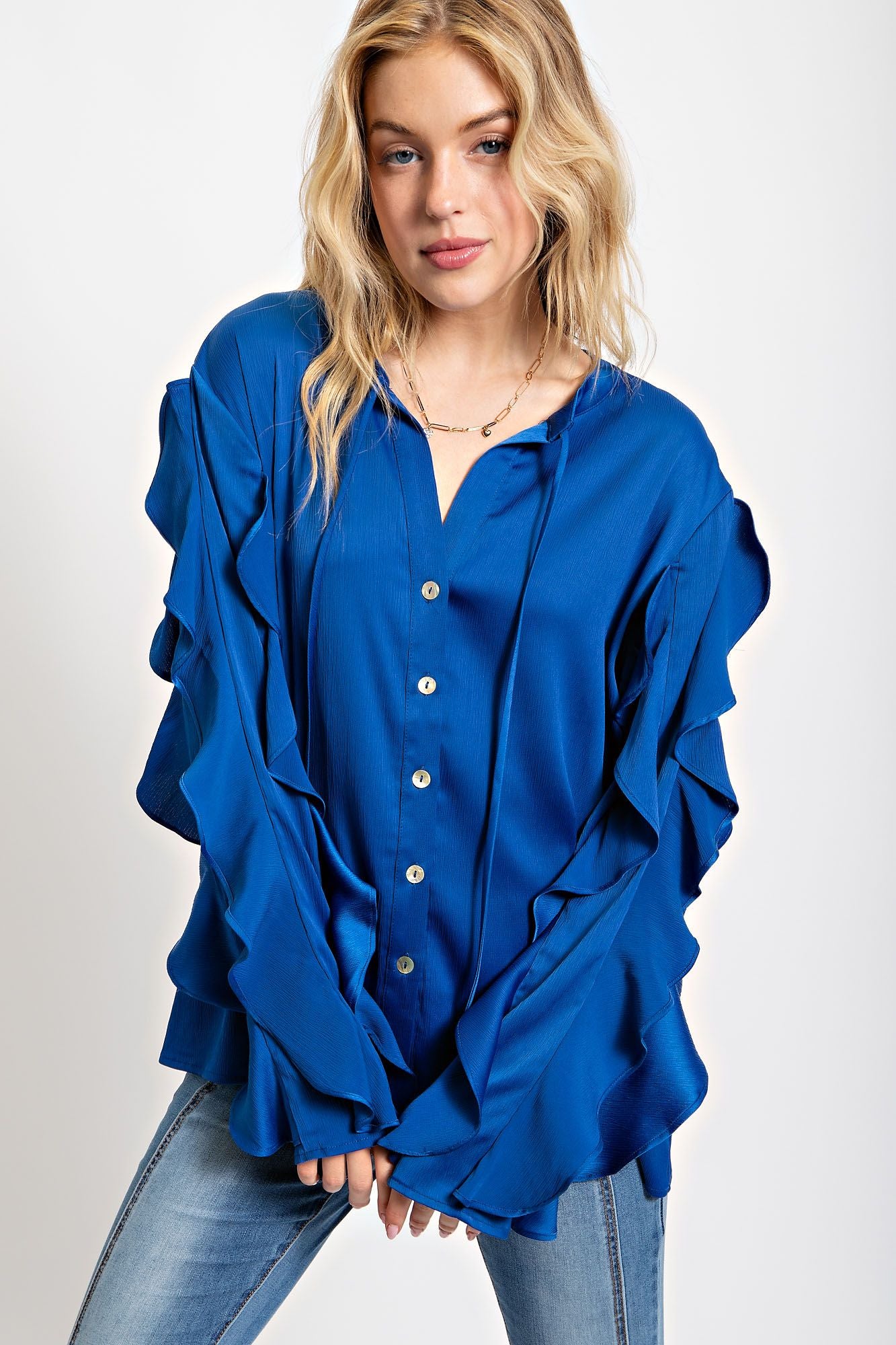 CRINKLED SATIN BUTTON DOWN TOP