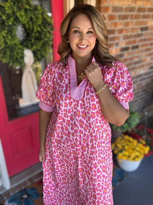 Entro Pink Leopard Midi Dress