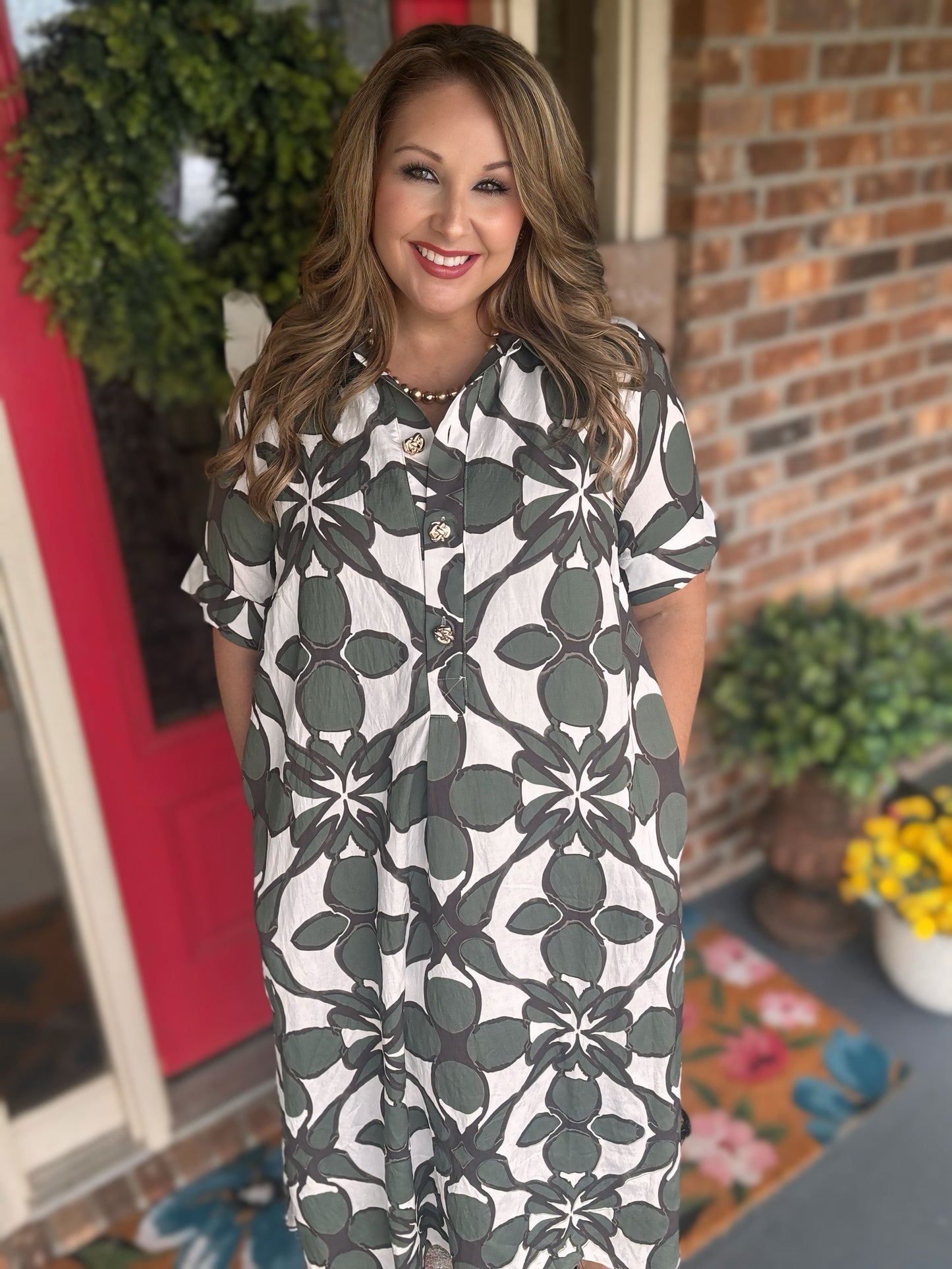 Entro Olive Printed Button Front Midi Dress