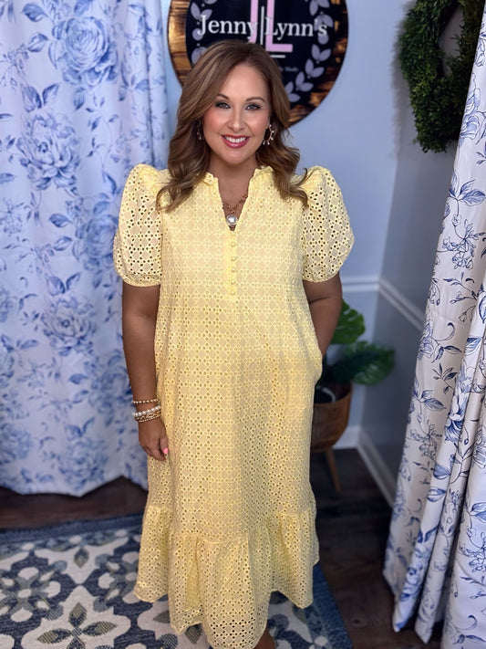 Lemon Yellow Entro Eyelet Maxi/Midi Dress