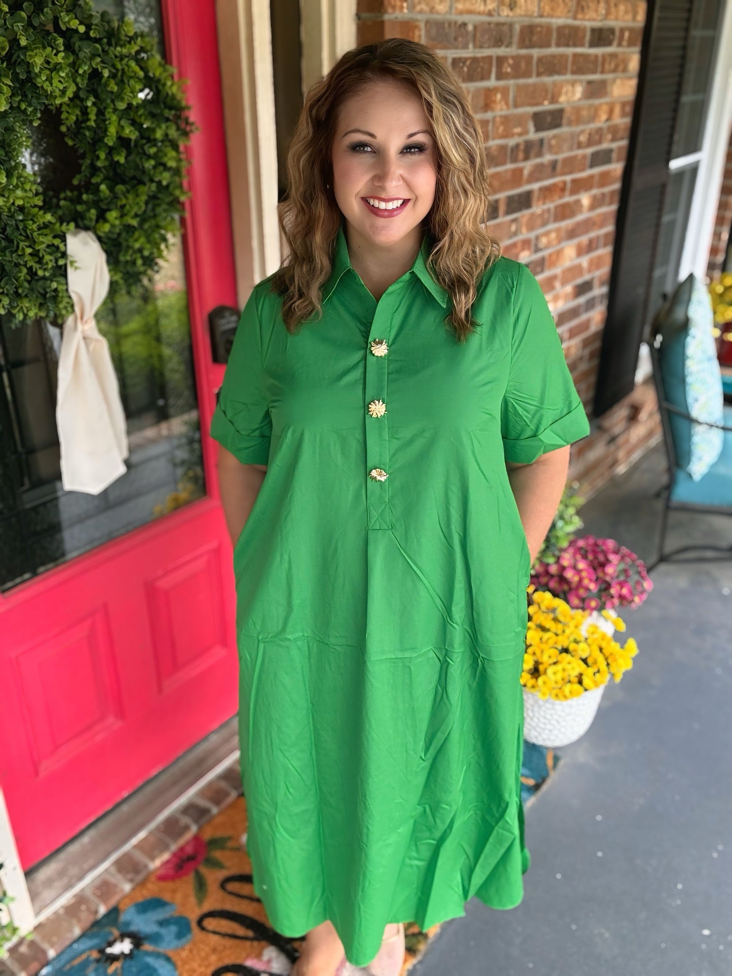 Entro Green Midi with Gold Button Detail