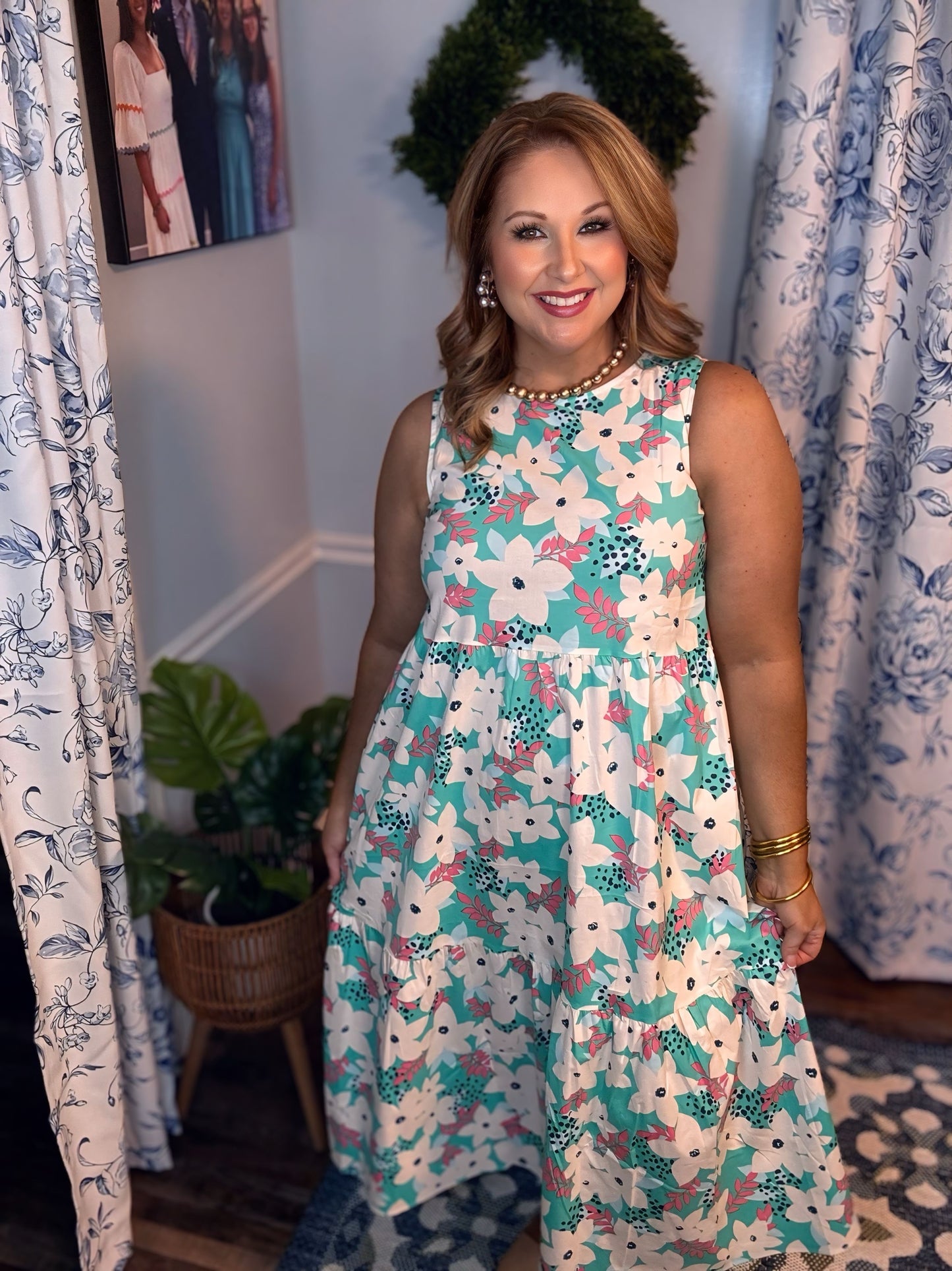 Teal FLORAL PRINT POPLIN TIERED MIDI DRESS