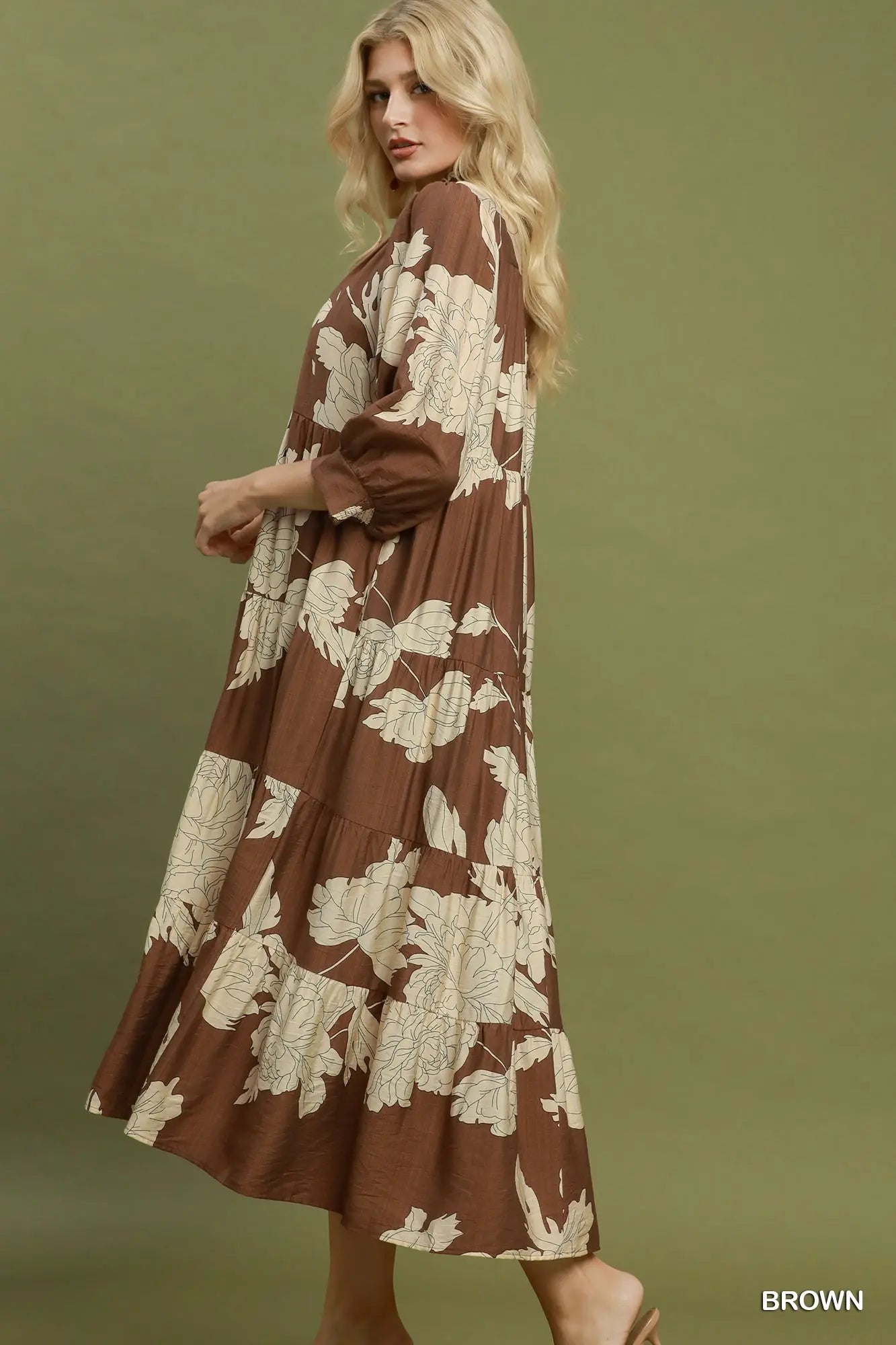 Umgee Brown Floral Tiered Maxi Dress with Ruffle Collar