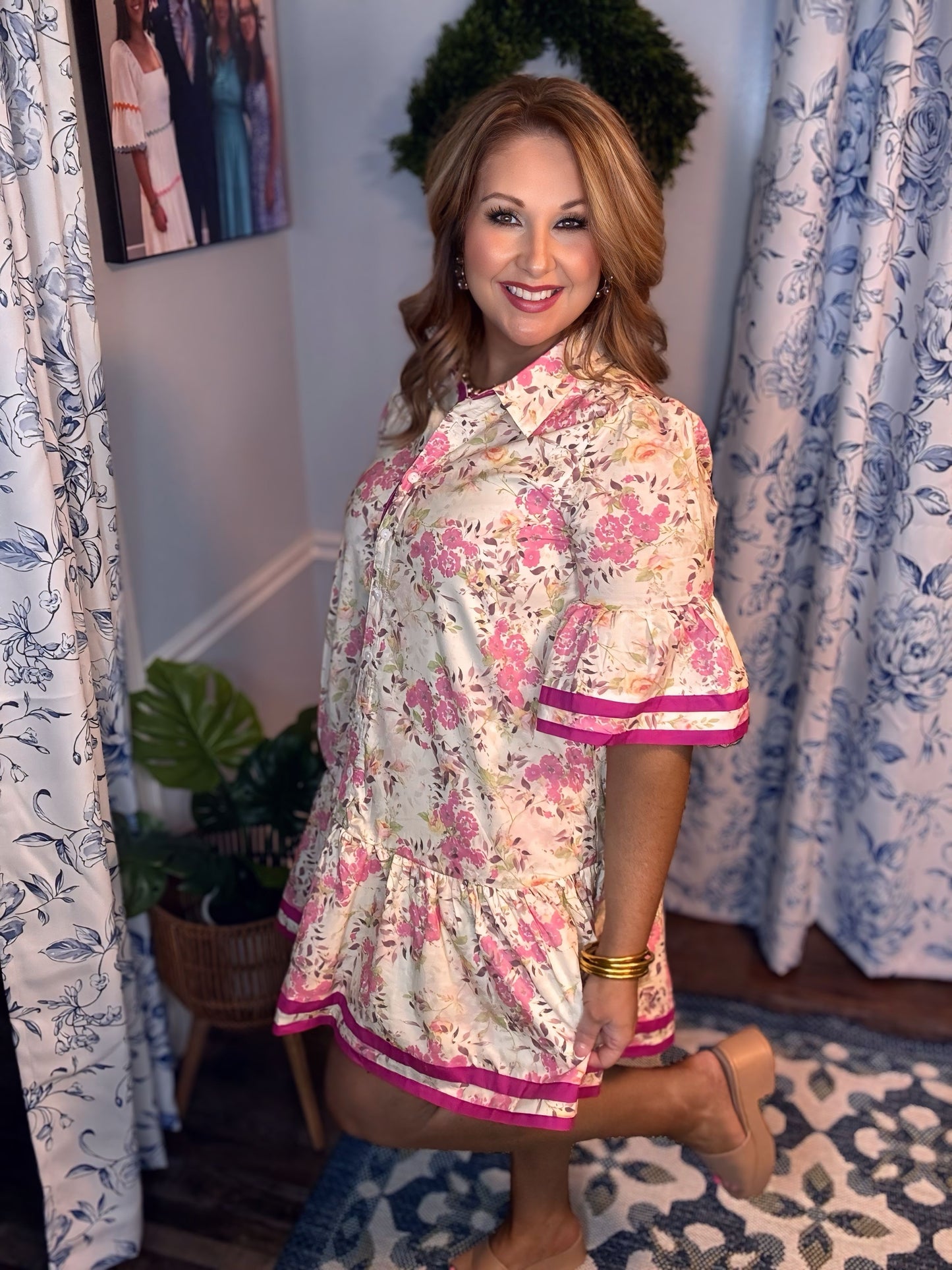 Rose/Fuchsia Bell Sleeve Floral Mini Dress