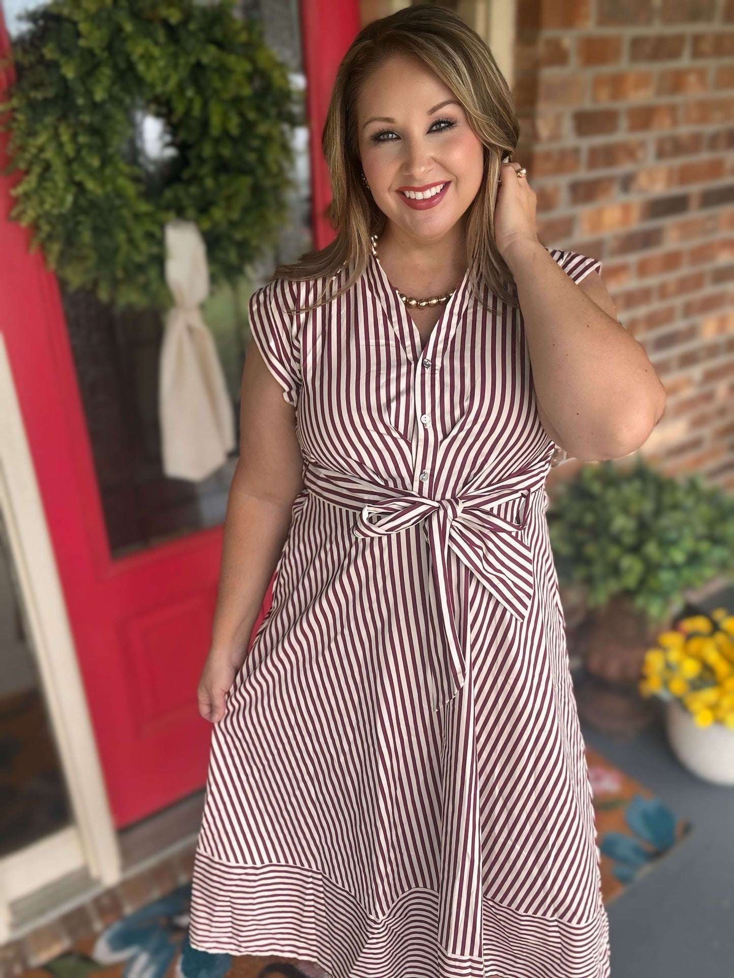 Entro Burgundy & Ivory Striped Game Day Midi Dress
