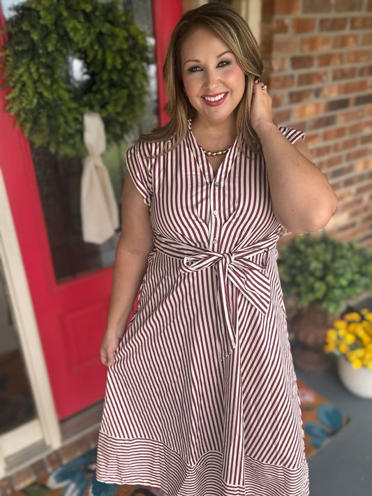 Entro Burgundy & Ivory Striped Game Day Midi Dress