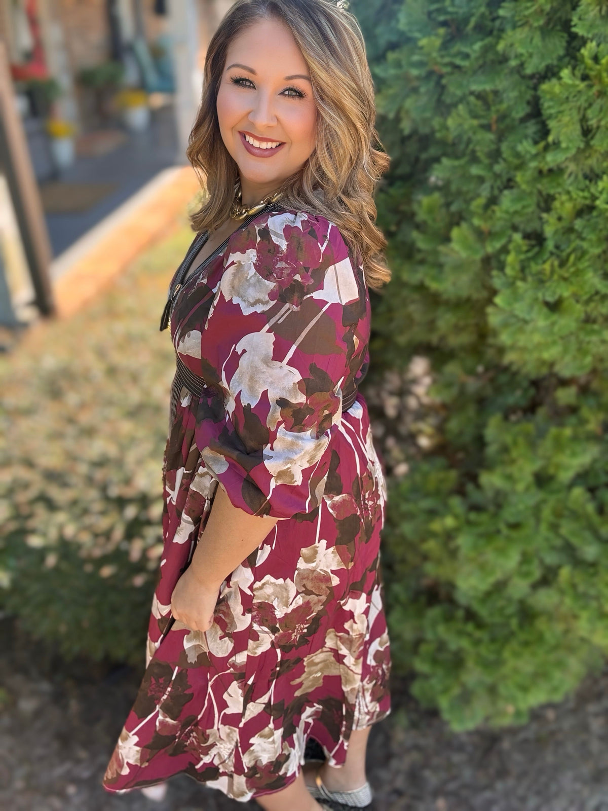 Entro Burgundy Floral Zip-Front Midi Dress
