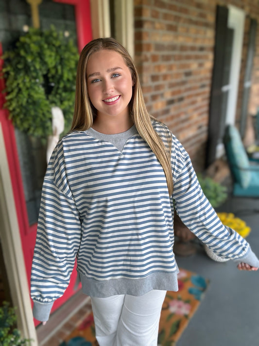 Denim Color Striped Oversized Knit Top