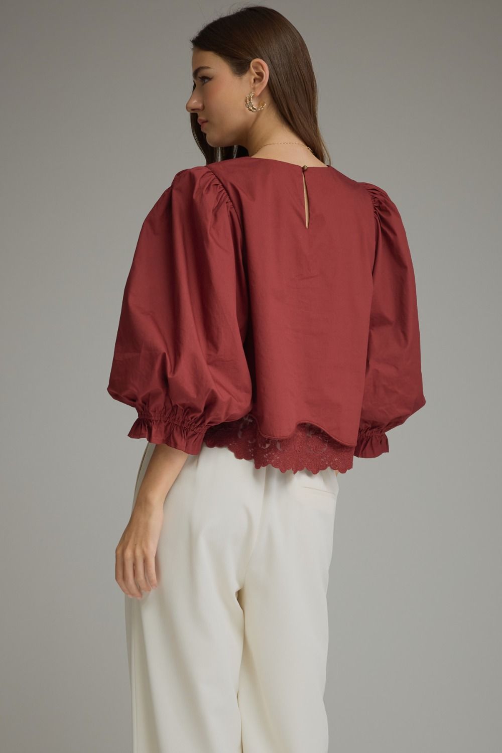 Entro Burgundy Lace Trim Balloon Sleeve Top