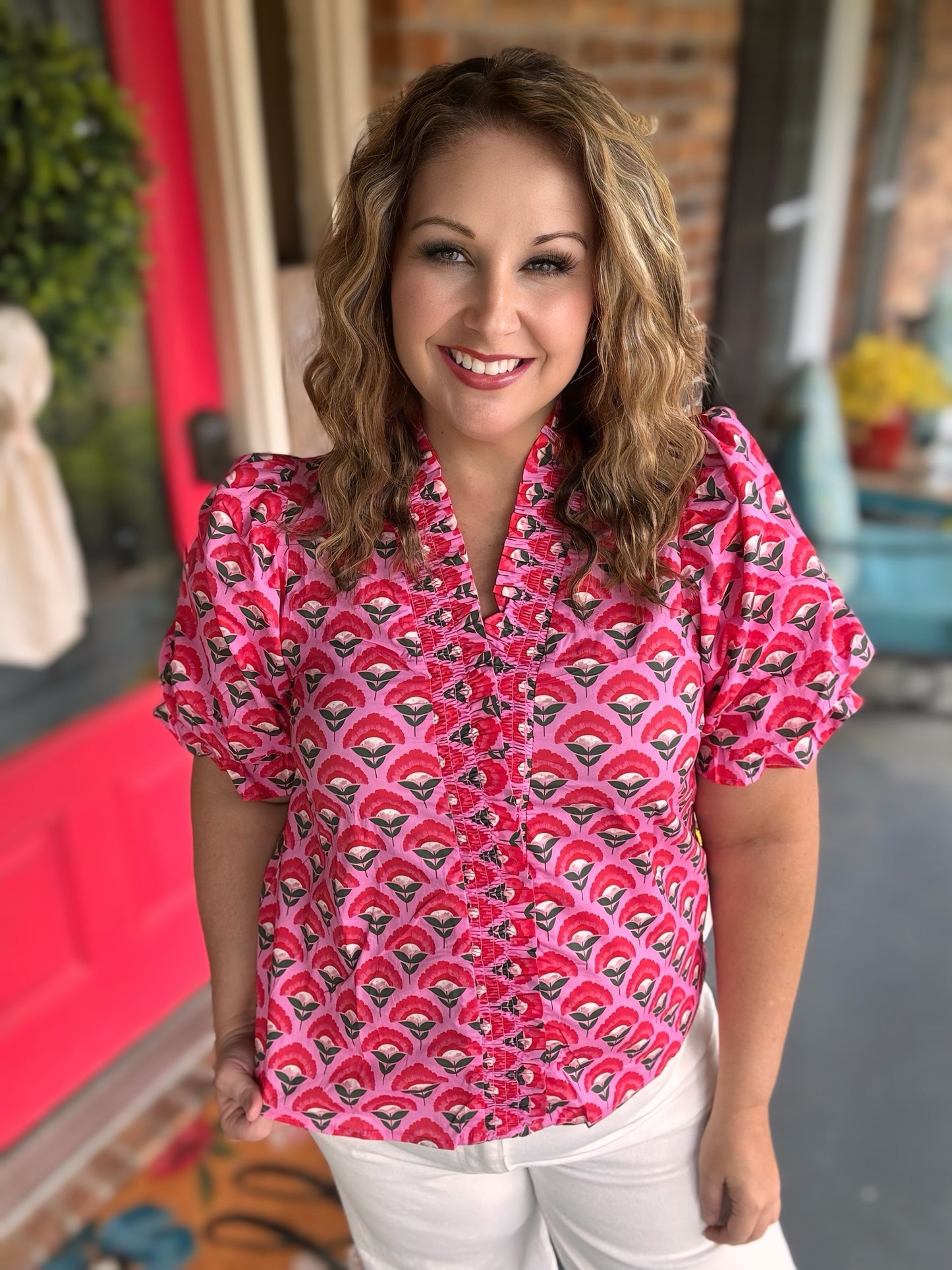 Entro elastic sleeve cotton top blouse ￼