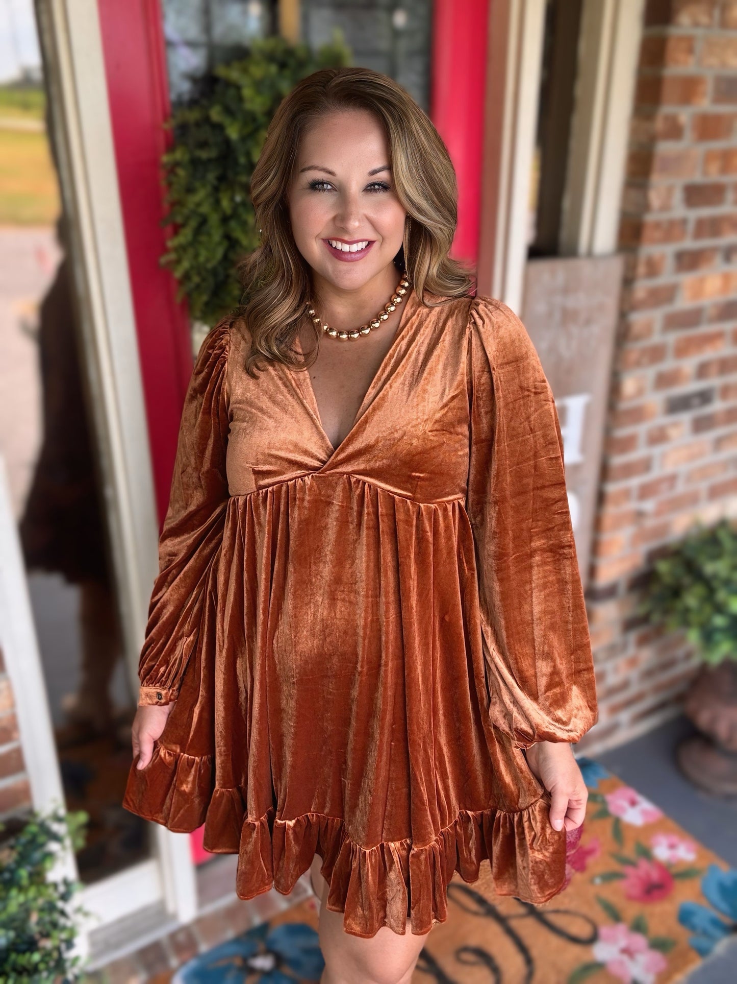 Bronze Velvet Babydoll Dress