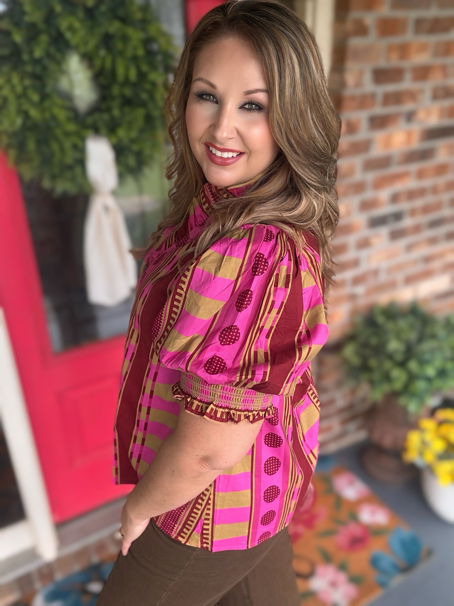 Entro Plum Mixed Print Ruffle Puff Sleeve Top