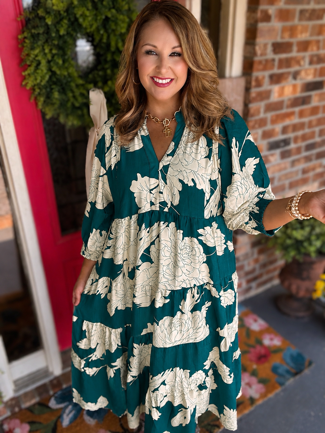 Umgee Teal Floral Tiered Maxi Dress