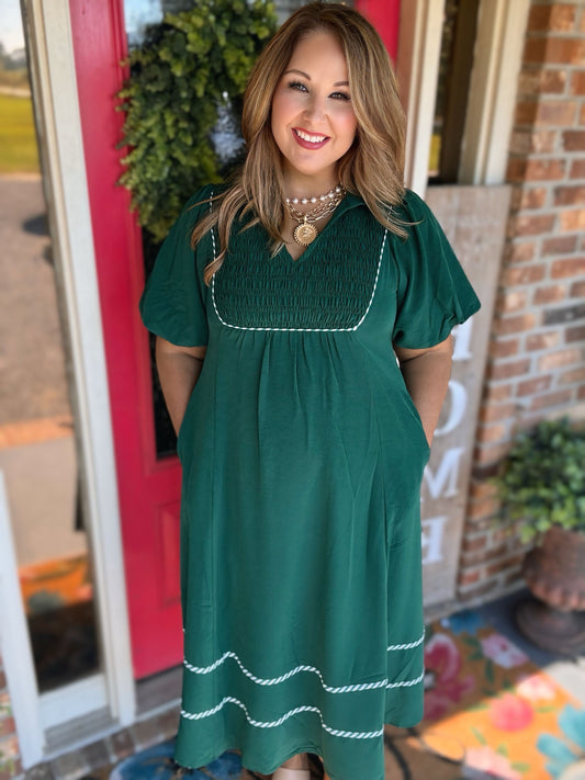 Jodifl Hunter Green Smocked Puff Sleeve Midi Dress