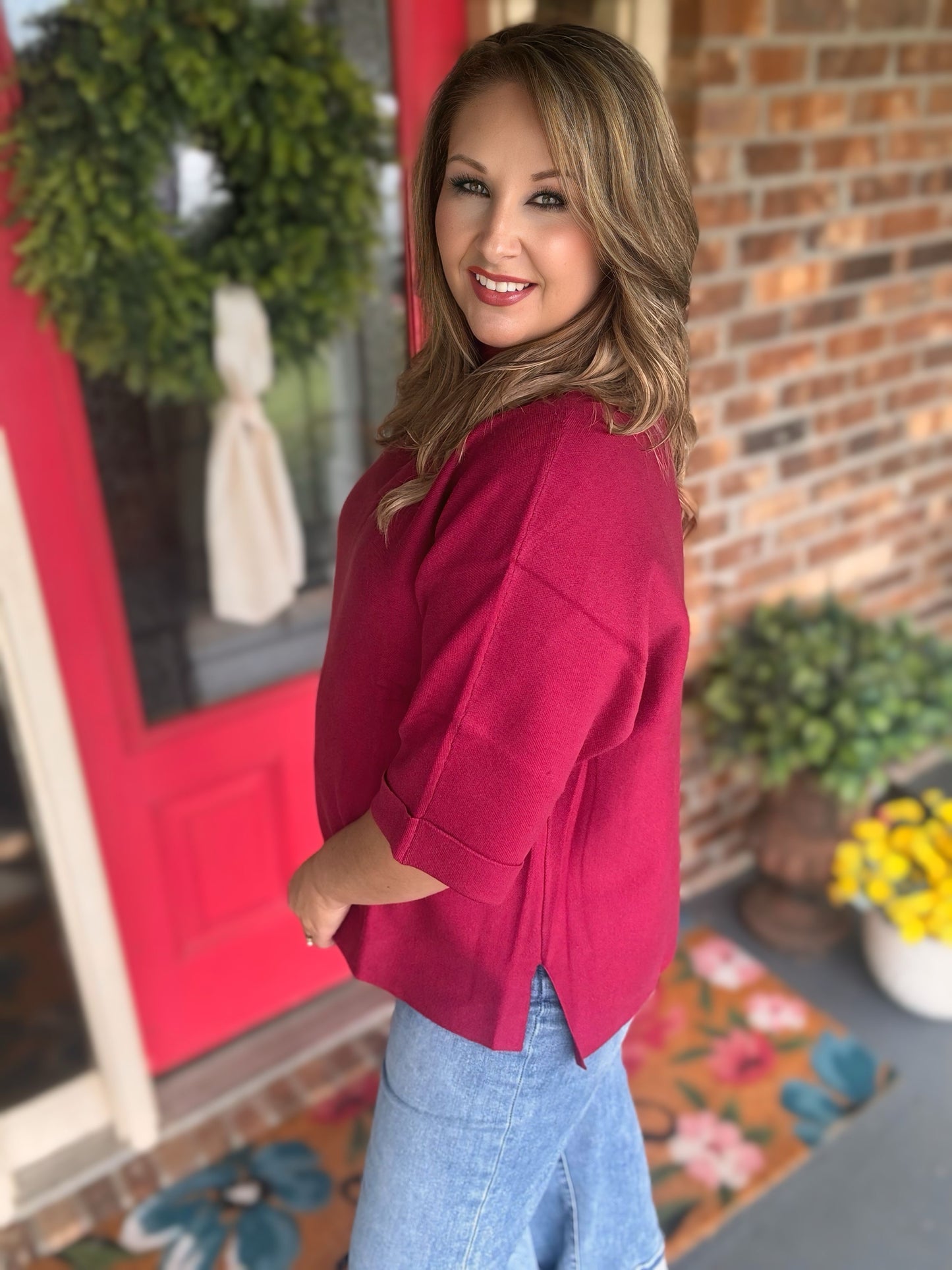 Umgee Crimson Mock Neck Dolman Sleeve Sweater Top