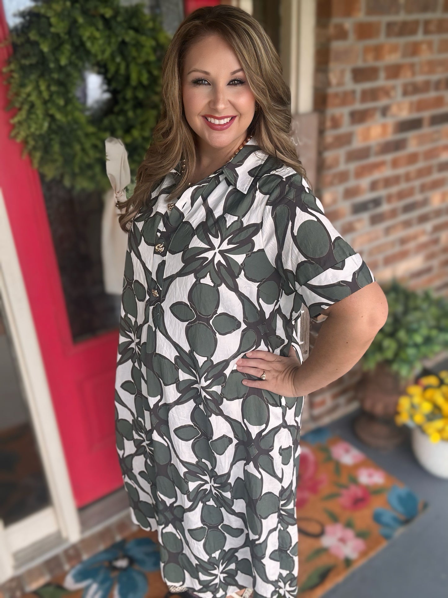 Entro Olive Printed Button Front Midi Dress