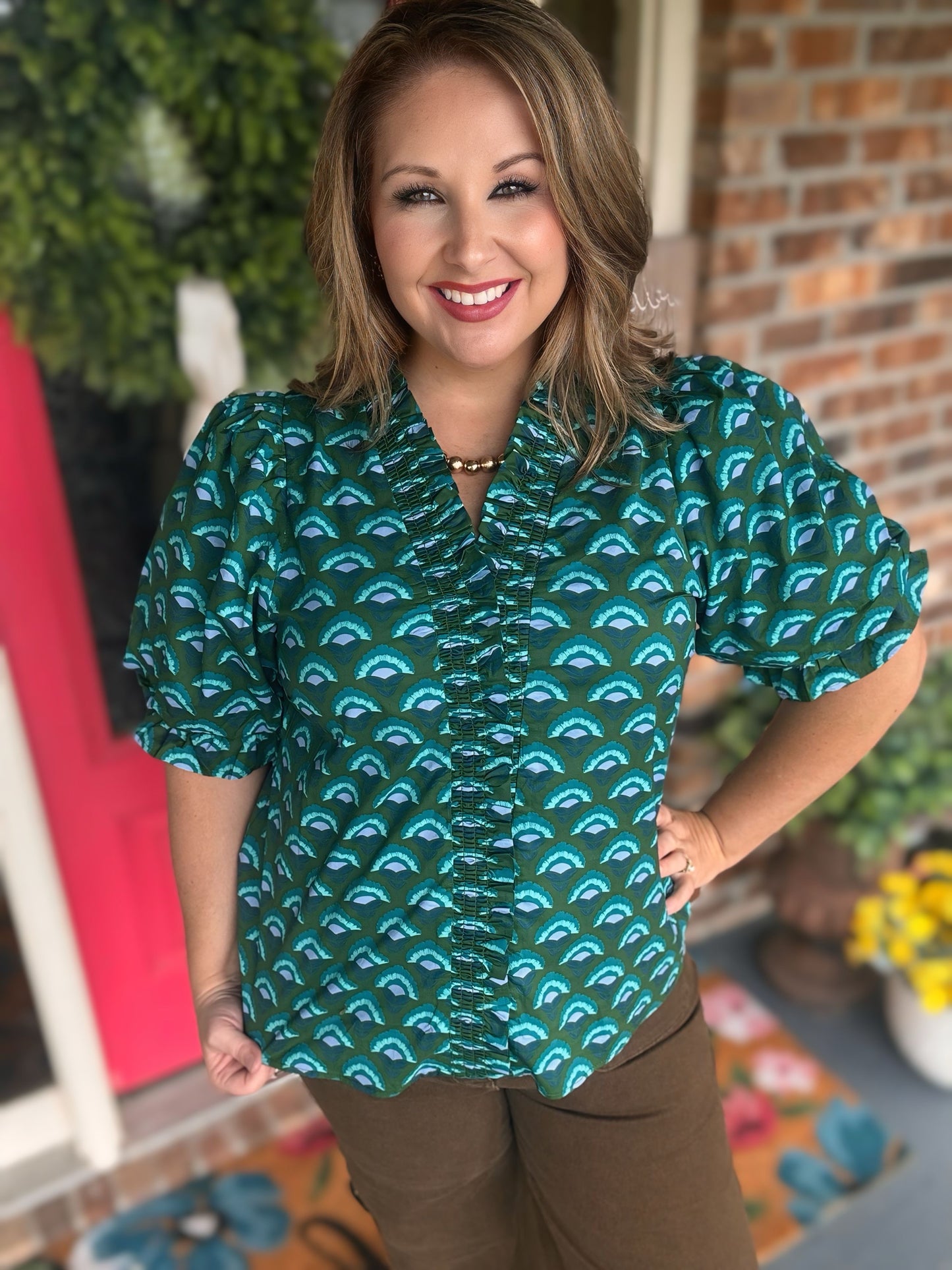 Entro Geometric Print Ruffle V-Neck Top – Regular & Plus hi