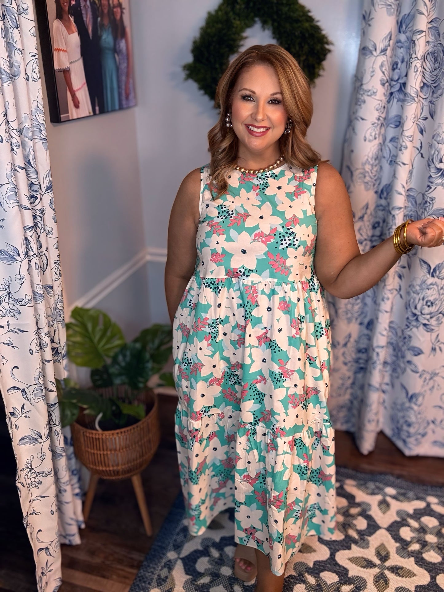 Teal FLORAL PRINT POPLIN TIERED MIDI DRESS