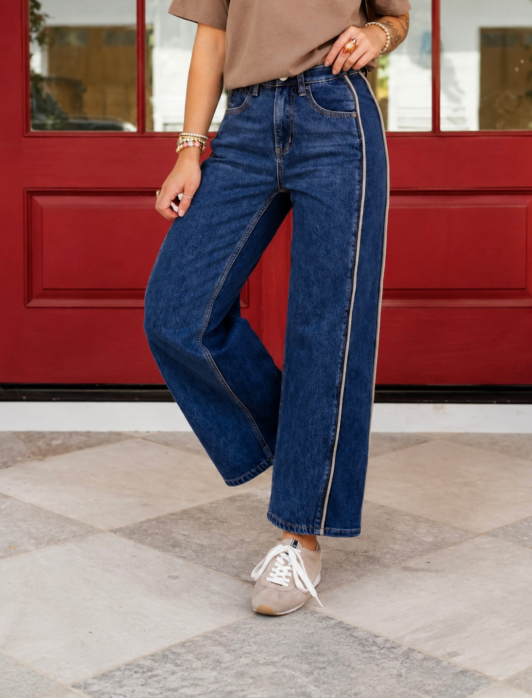 Saige High Rise Dark Wash Tummy Control Barrel Jeans with Side Panel