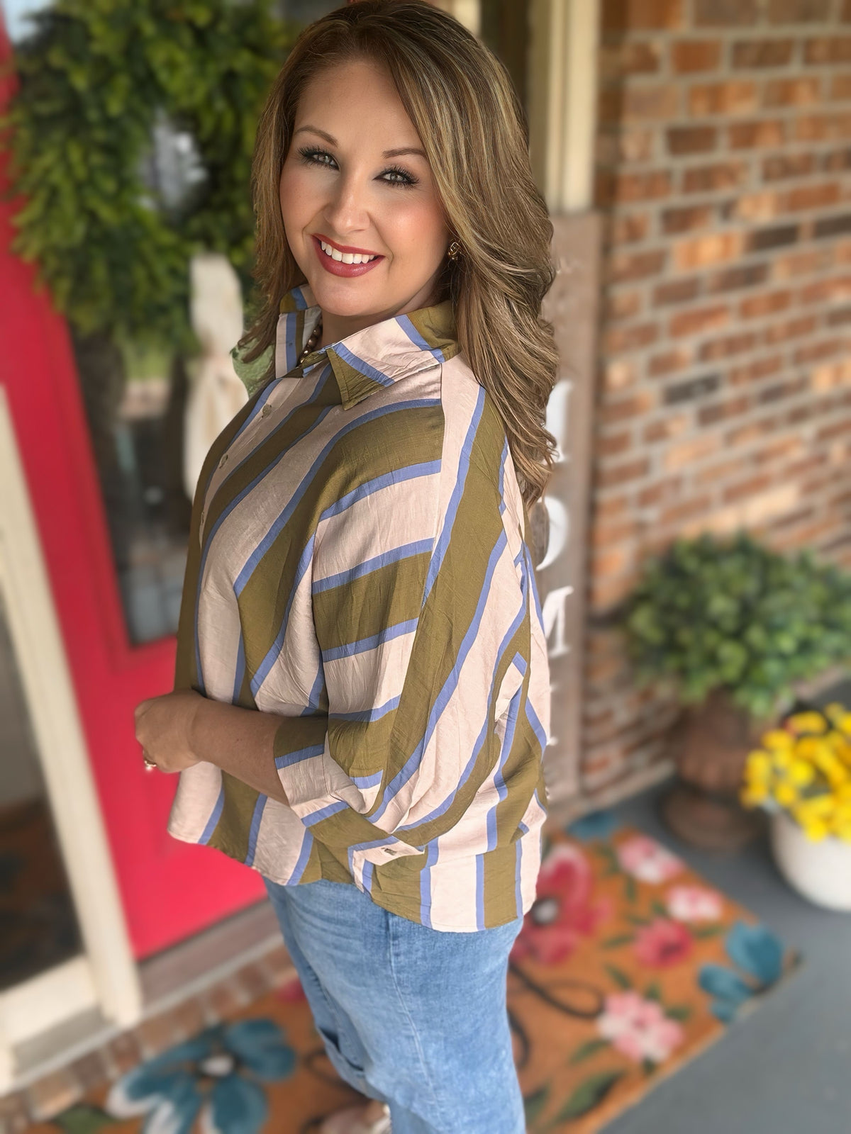 Entro Olive & Blue Striped Dolman Sleeve Top