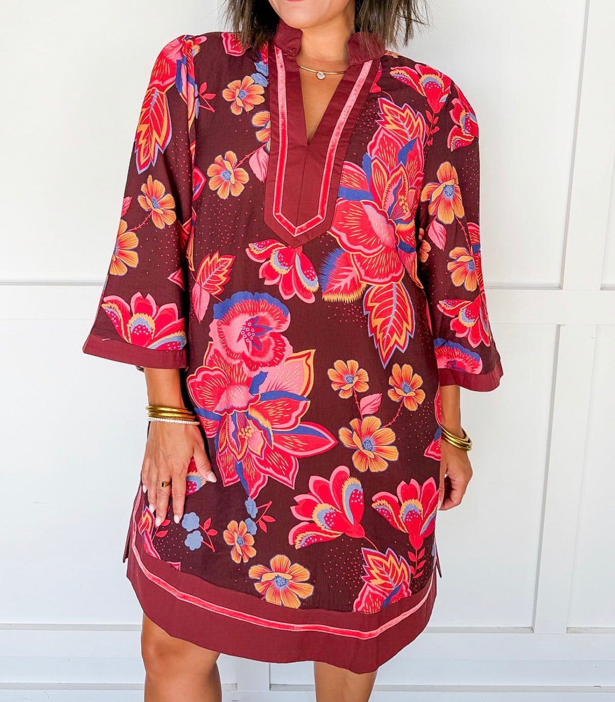 Jewel-Tone Floral Contrast Trim Dress