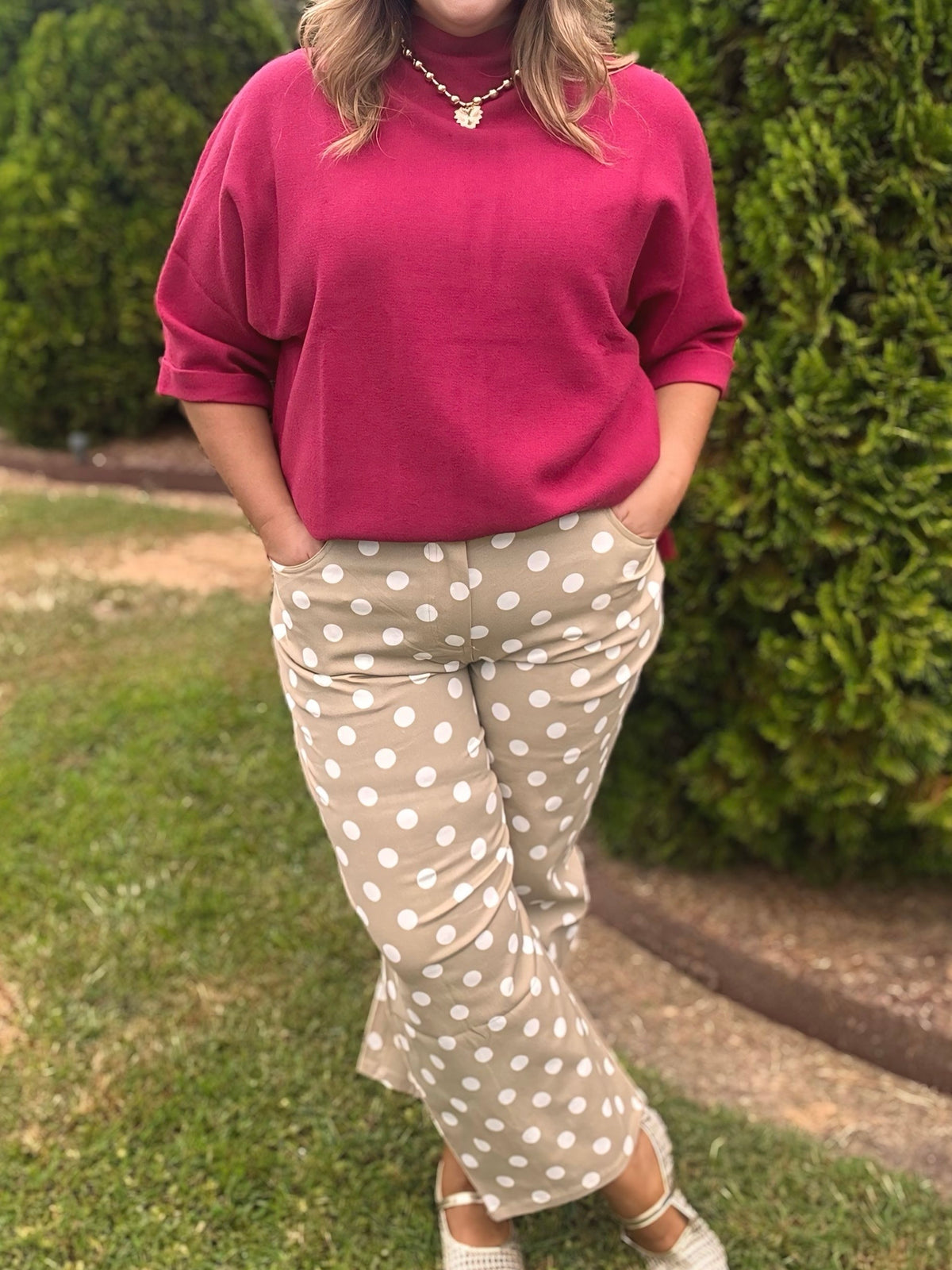 Taupe & White Polka Dot Straight Leg Pants