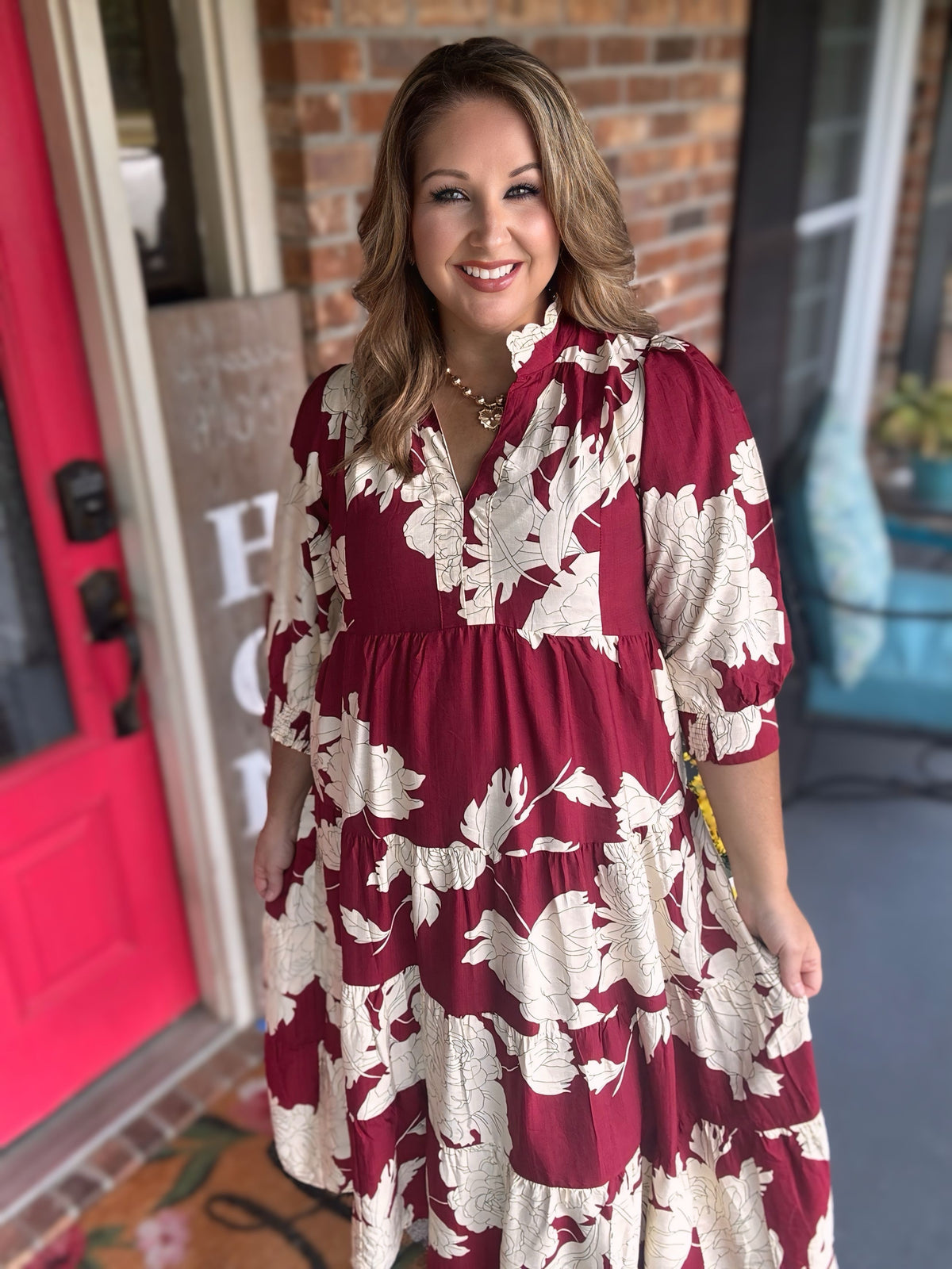 Umgee Burgundy Floral Tiered Maxi Dress