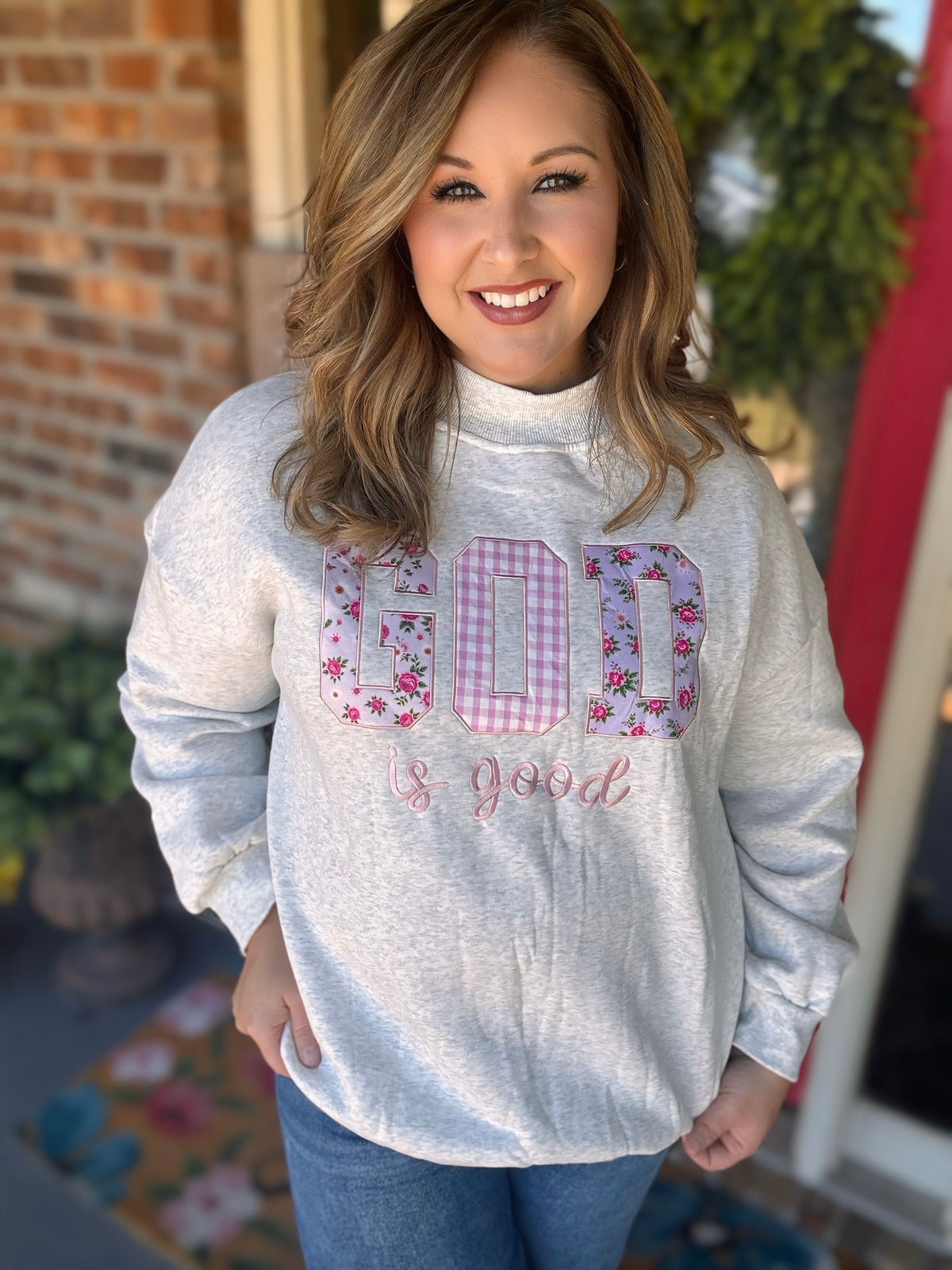 God Is Good Embroidered Mock Neck Sweatshirt
