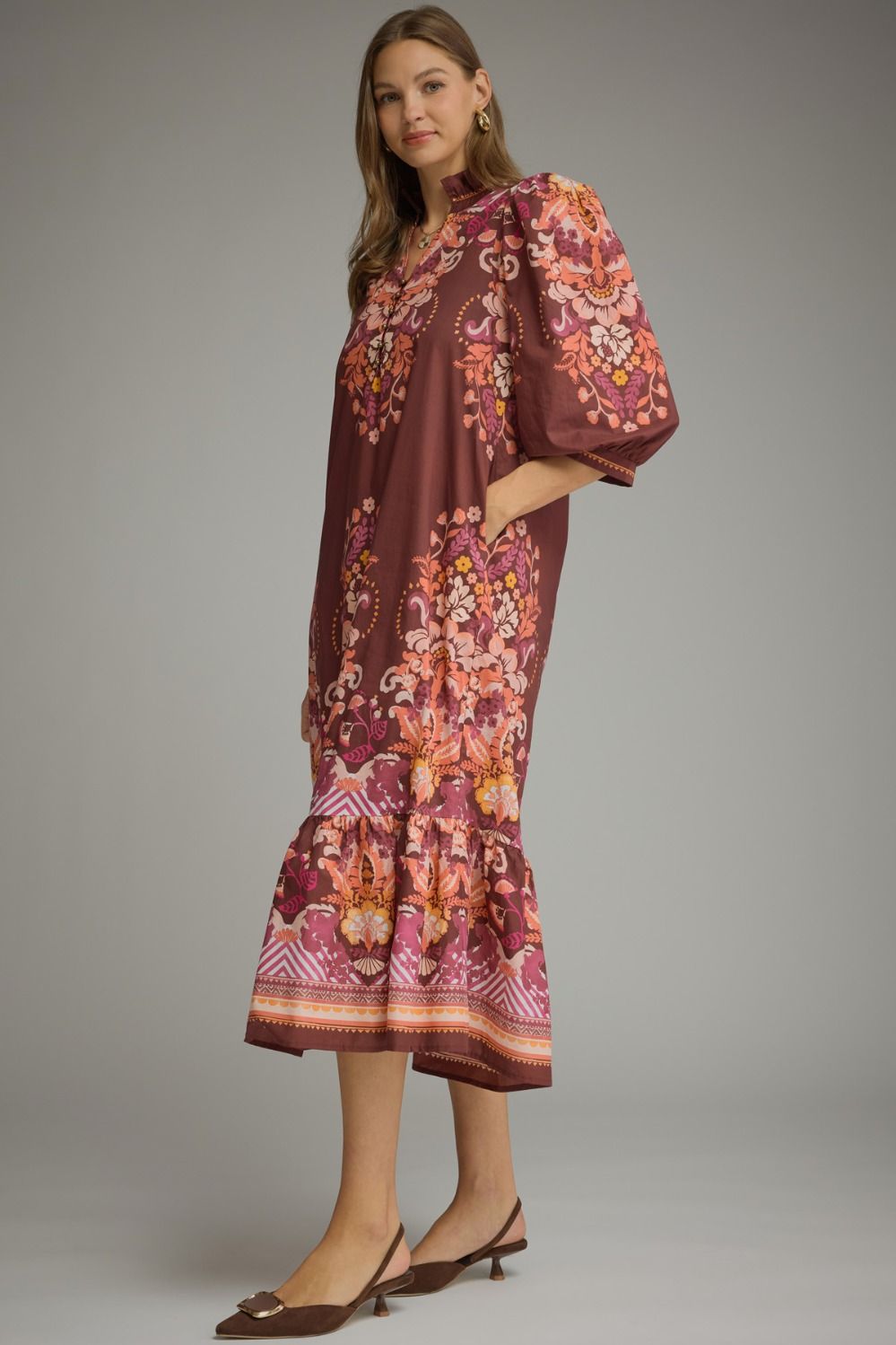Entro Burgundy Border Floral Print Midi Dress