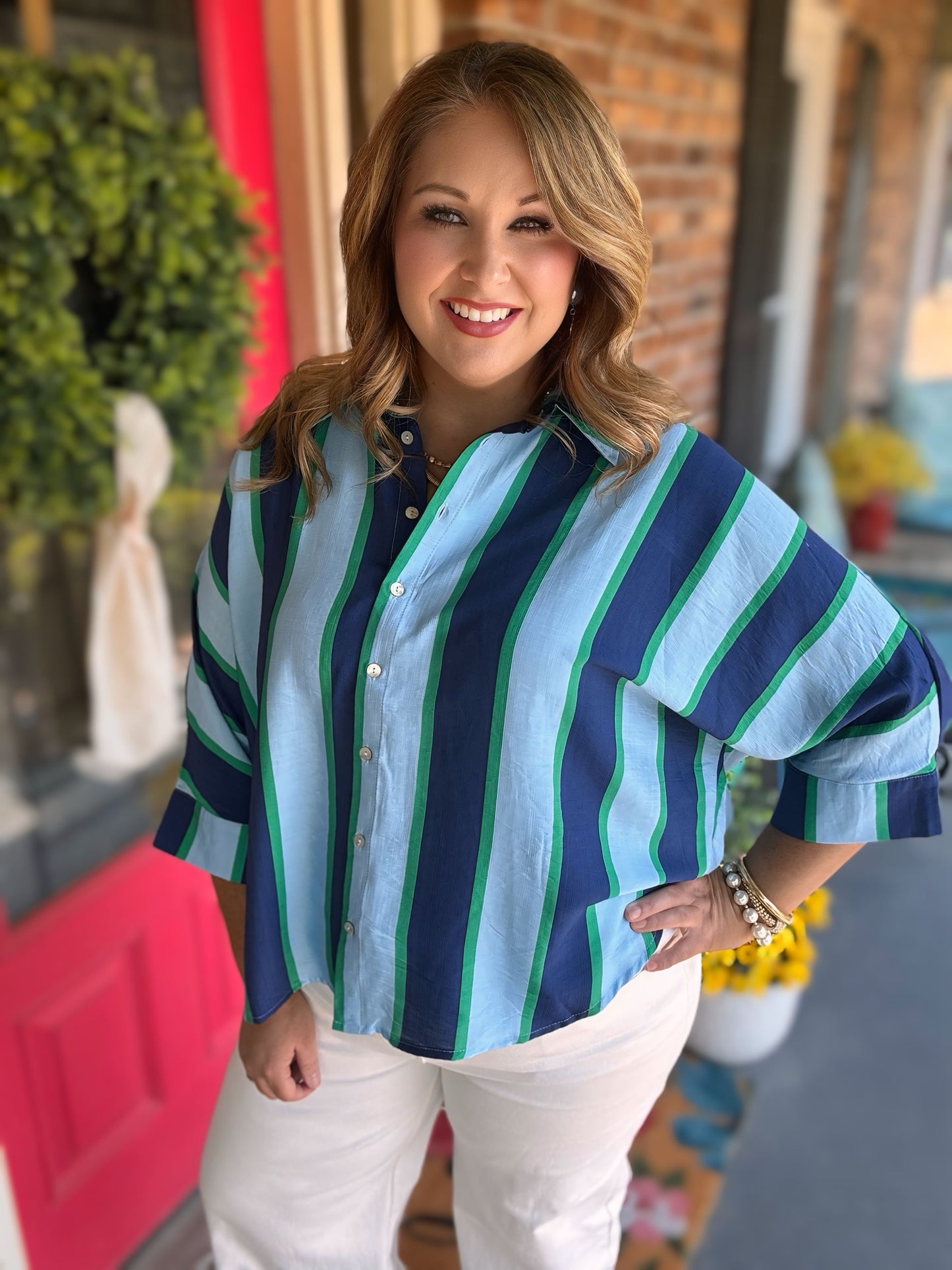 Entro Navy Striped Button-Up Top