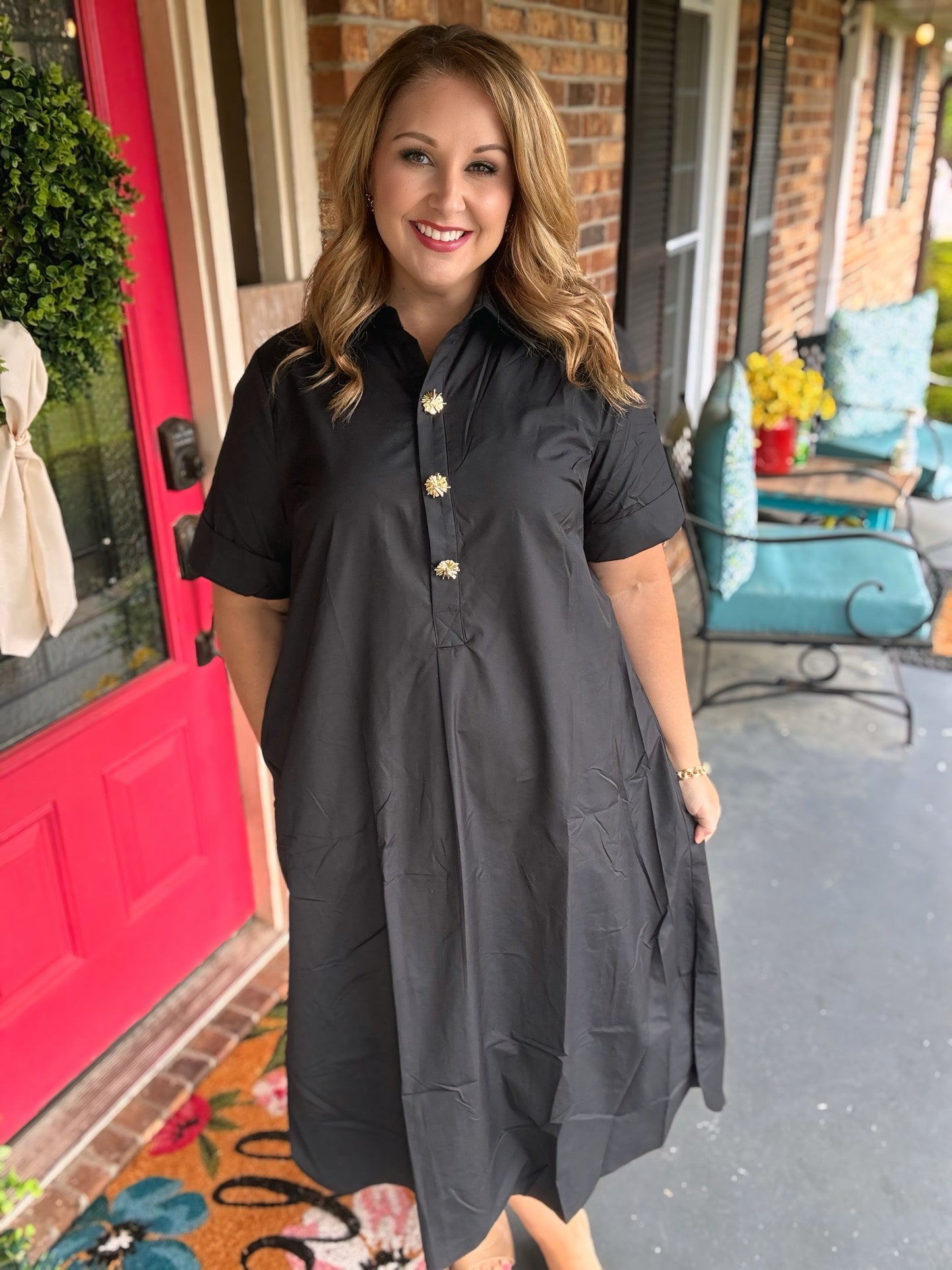 Entro Black Midi with Gold Button Detail