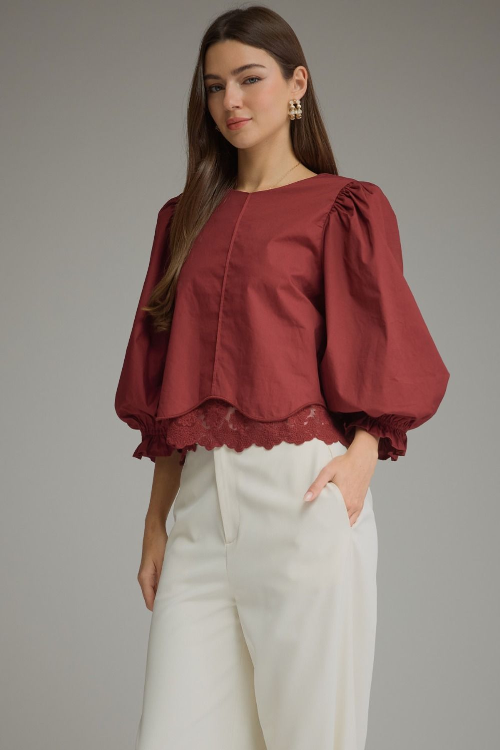 Entro Burgundy Lace Trim Balloon Sleeve Top