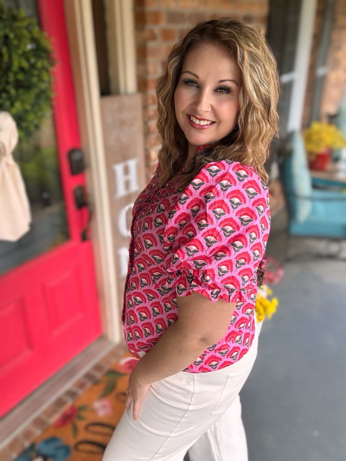 Entro elastic sleeve cotton top blouse ￼