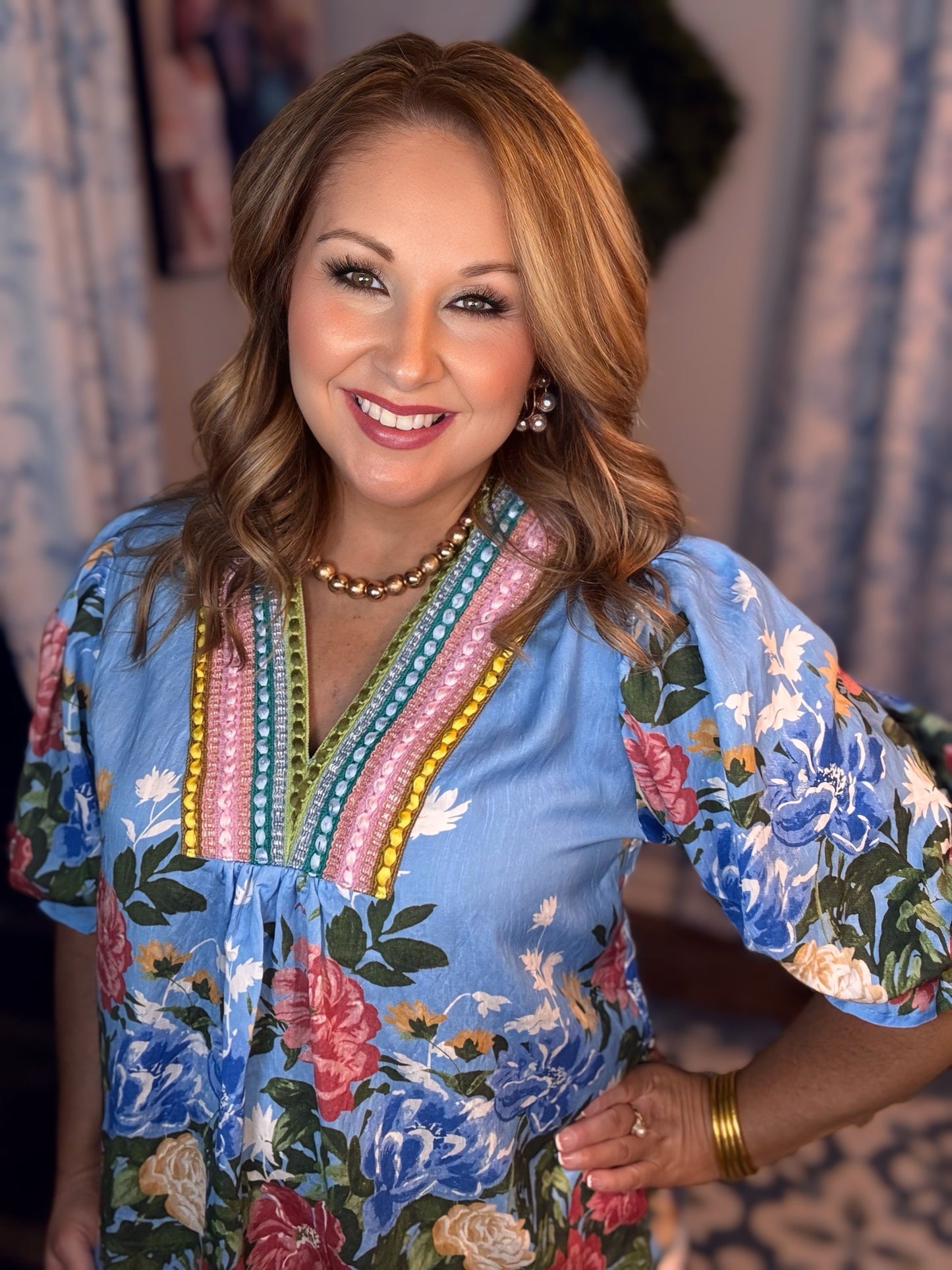 Blue Floral Puff Sleeve Top w/Embroidery