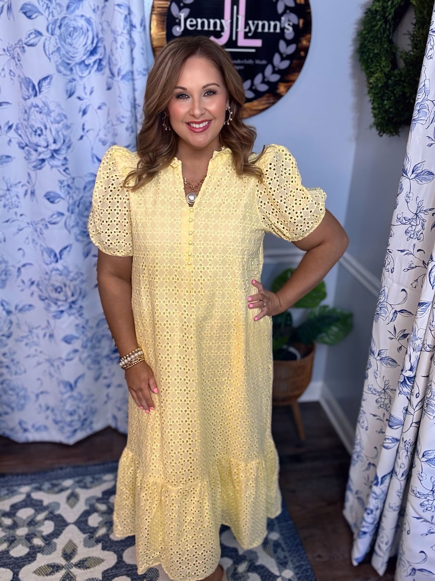 Lemon Yellow Entro Eyelet Maxi/Midi Dress