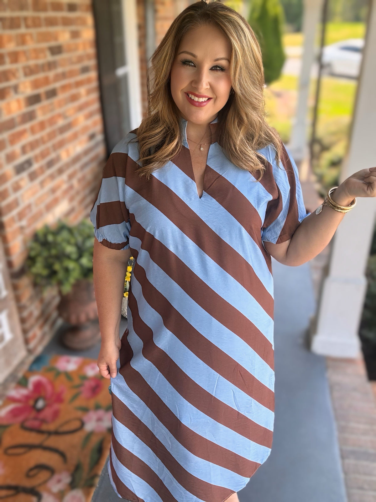 Blue & Chocolate Diagonal Stripe Midi Dress