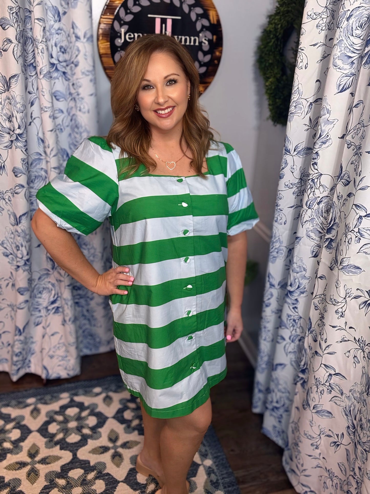 Entro Blue/Green Striped Puff Sleeve Mini Dress