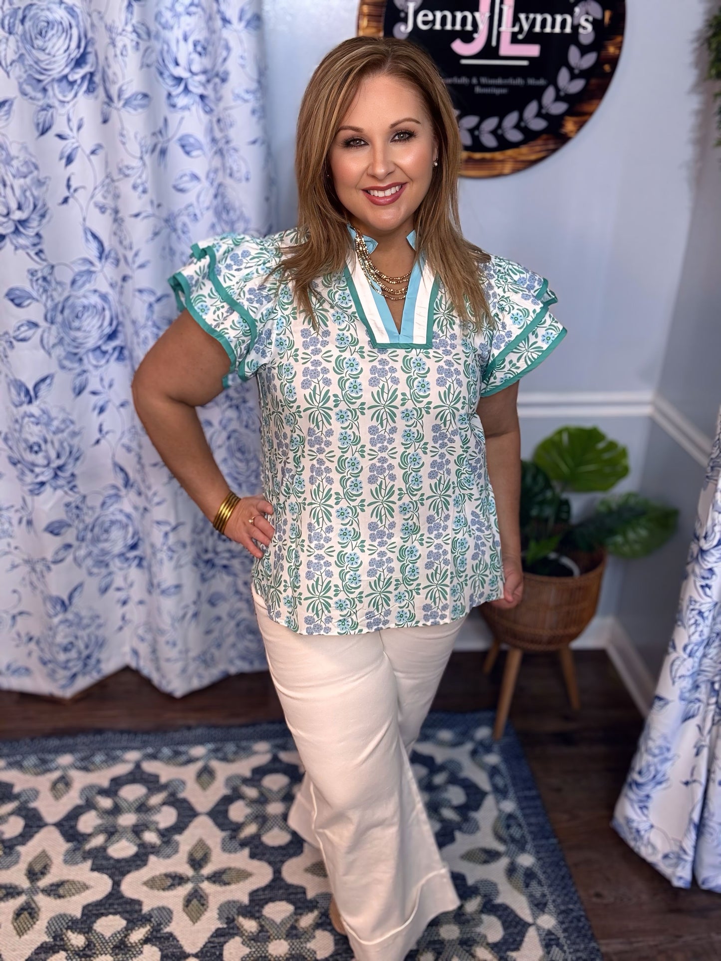 Entro Blue Floral Flutter Sleeve Top