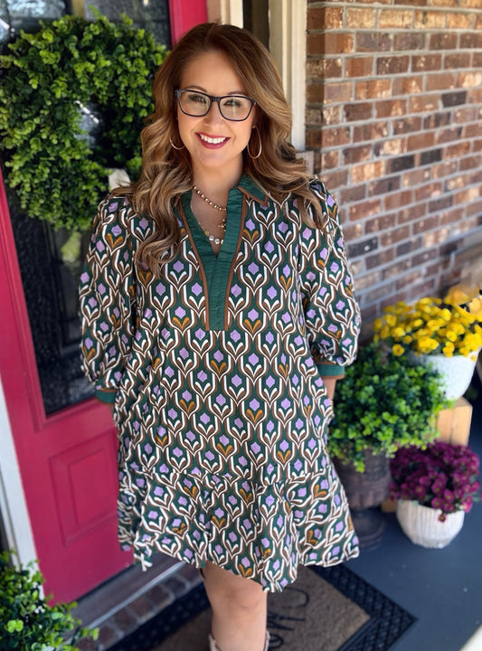 Entro Geometric print long puff sleeve dress