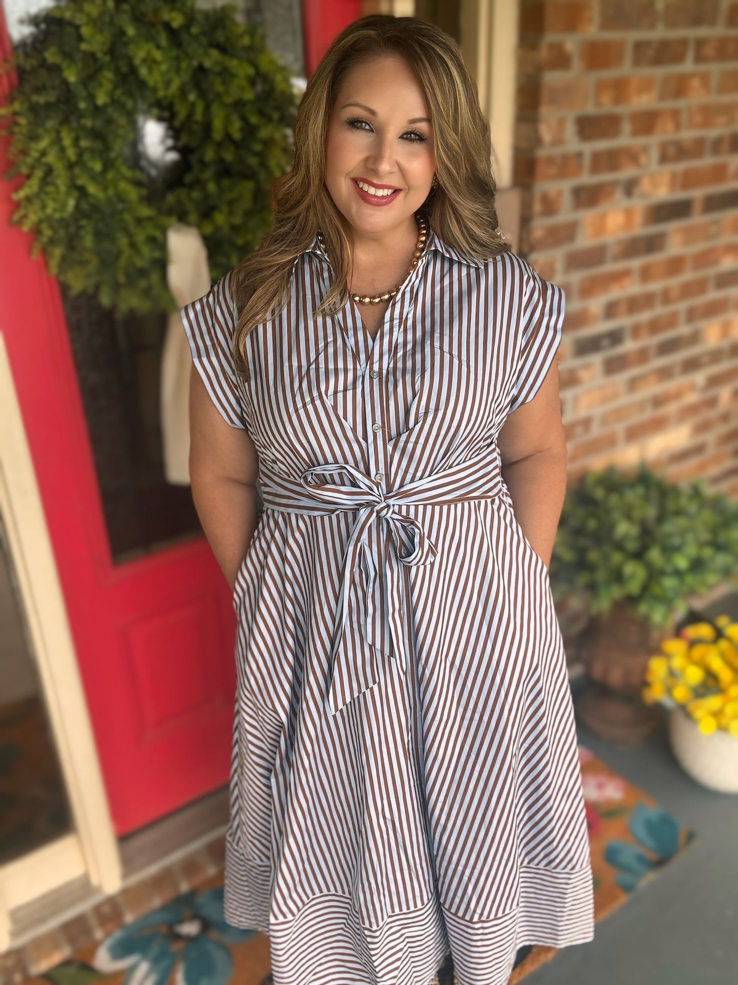 Entro Blue & Brown Striped Tie-Front Midi Dress
