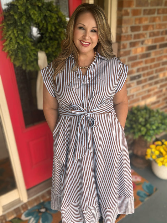 Entro Blue & Brown Striped Tie-Front Midi Dress