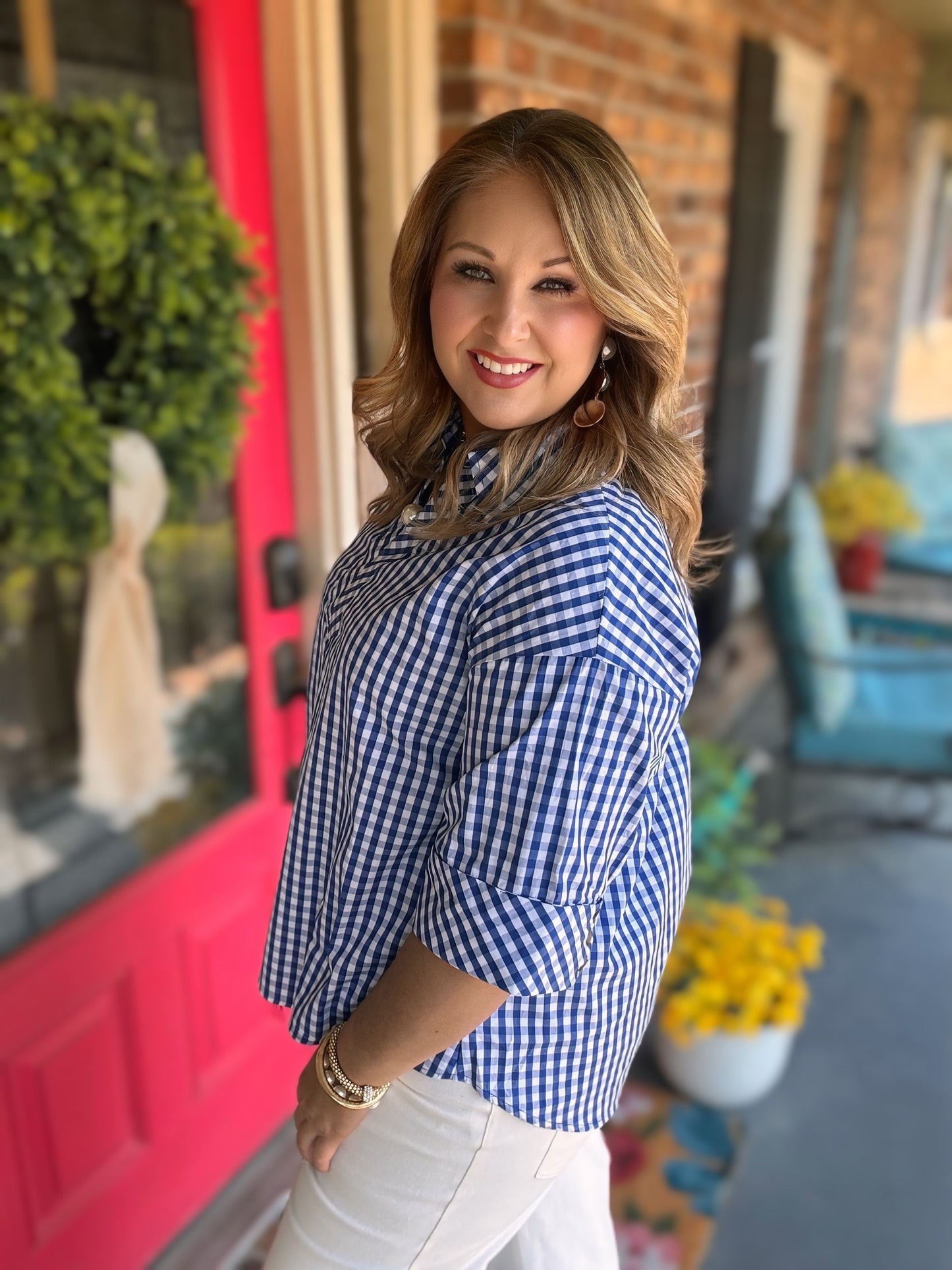 Entro Gingham 3/4 Sleeve Top