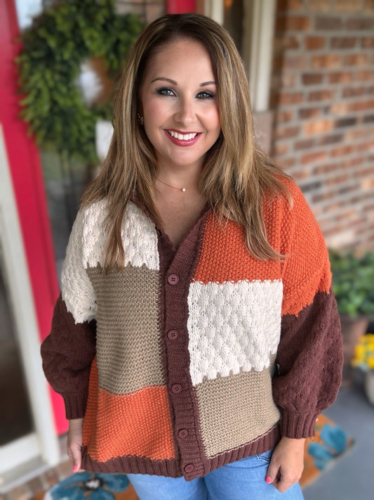 Color Block Button Cardigan Sweater Top