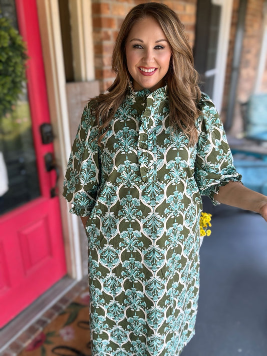Entro Olive & Aqua Printed Balloon Sleeve Midi Dress