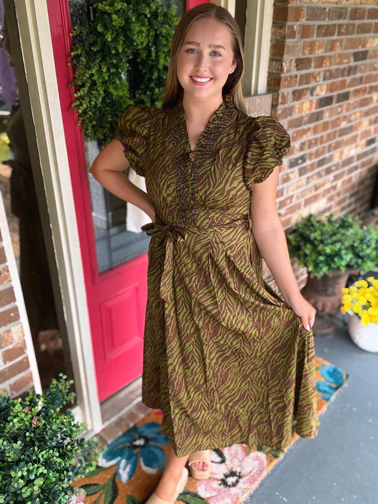 Entro Olive Tiger Print Midi Dress