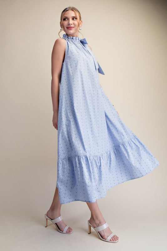Ruffle Neck Tie Sleeveless Dot Pattern Midi Dress