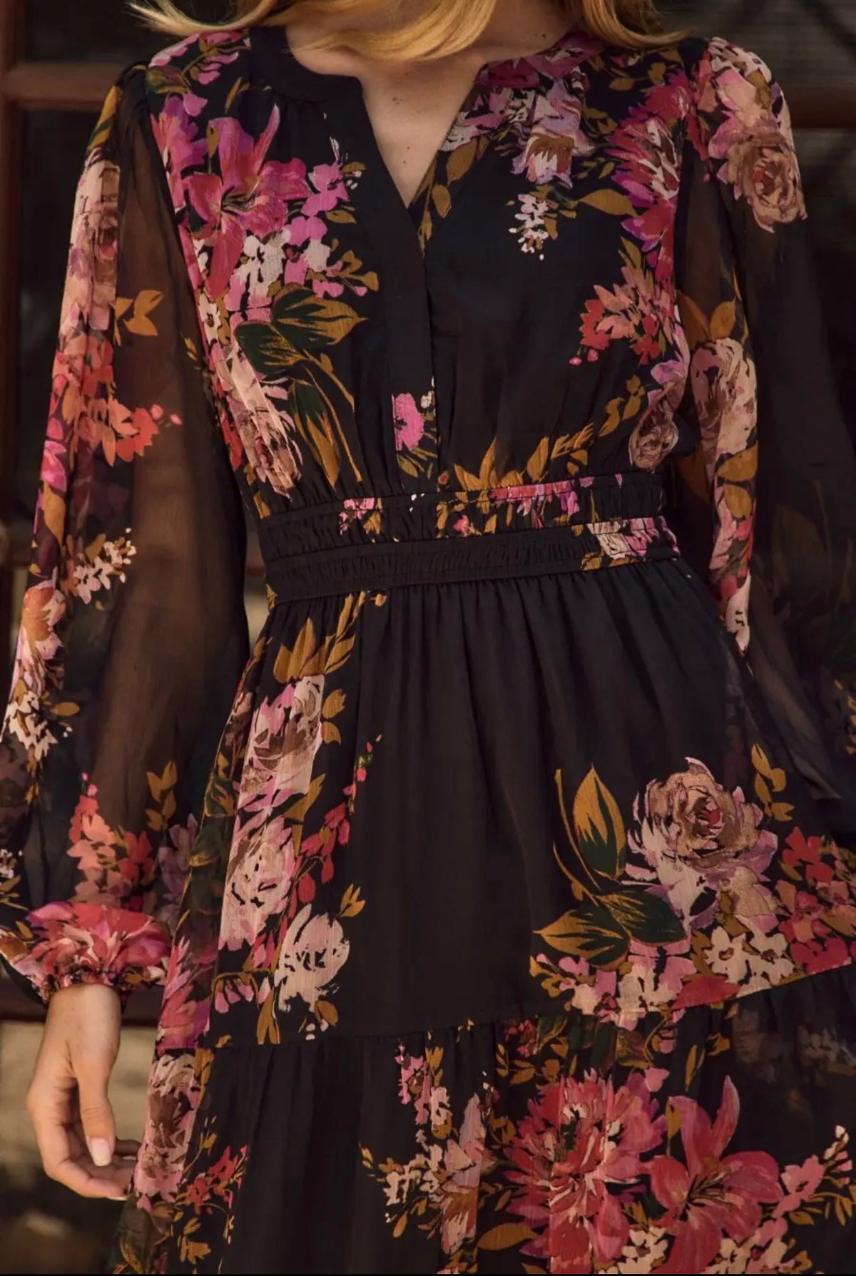 ODDI Black Floral Chiffon Midi Dress