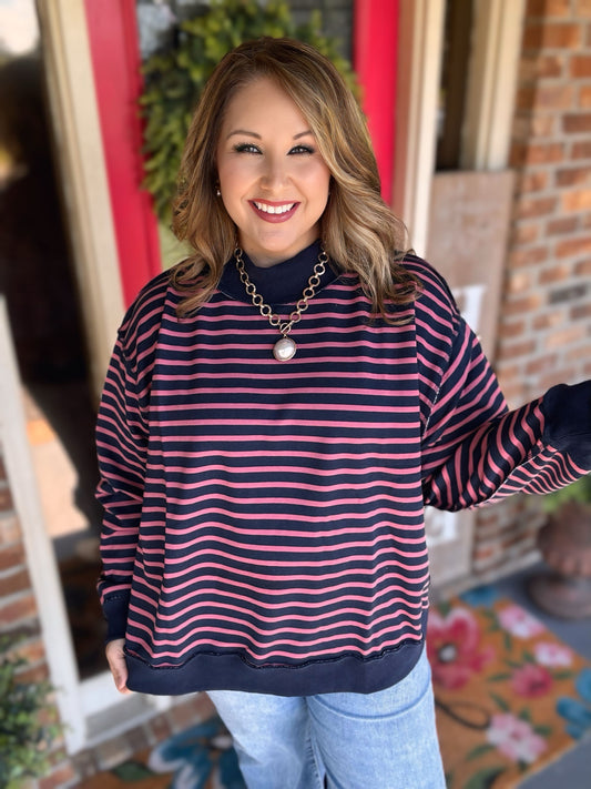 Heimish Navy & Mauve Striped Mock Neck Sweatshirt