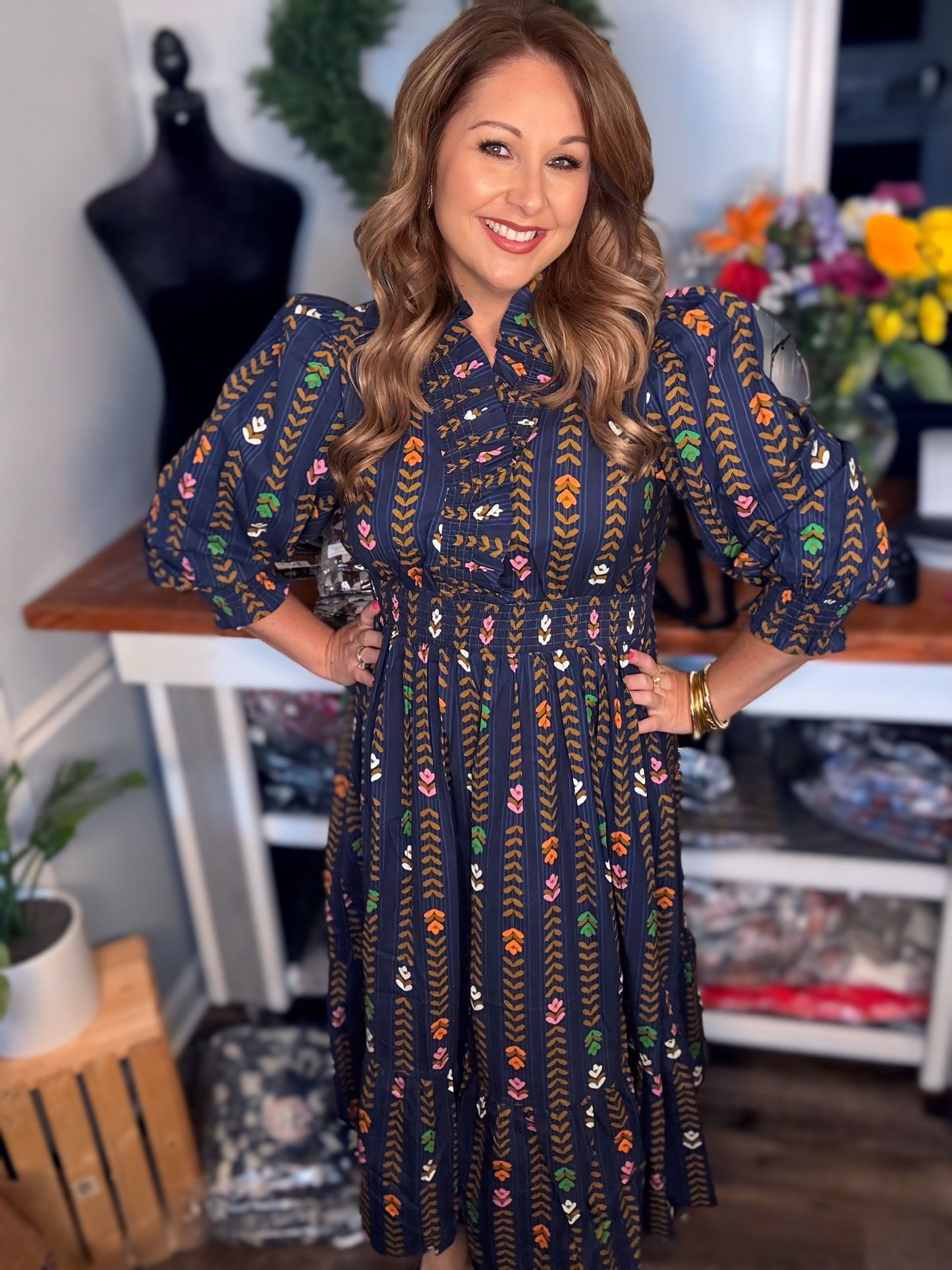 Floral Midi Dress- Ruffle Collar